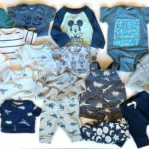 Newborn baby boy clothing bundle, 17 piece starter- Dino, Mickey, Space themes